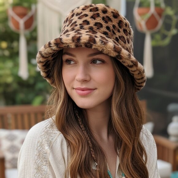 Fuzzy Cheetah Print Faux Fur Bucket Hat NWT | Leopard Print Winter Hat | - Picture 1 of 3